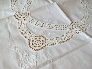 アンティークリネン　白糸手刺繍　お手仕事　リネン　テーブルクロス アンティークリネン白糸手刺繍お手仕事リネンテーブルクロス